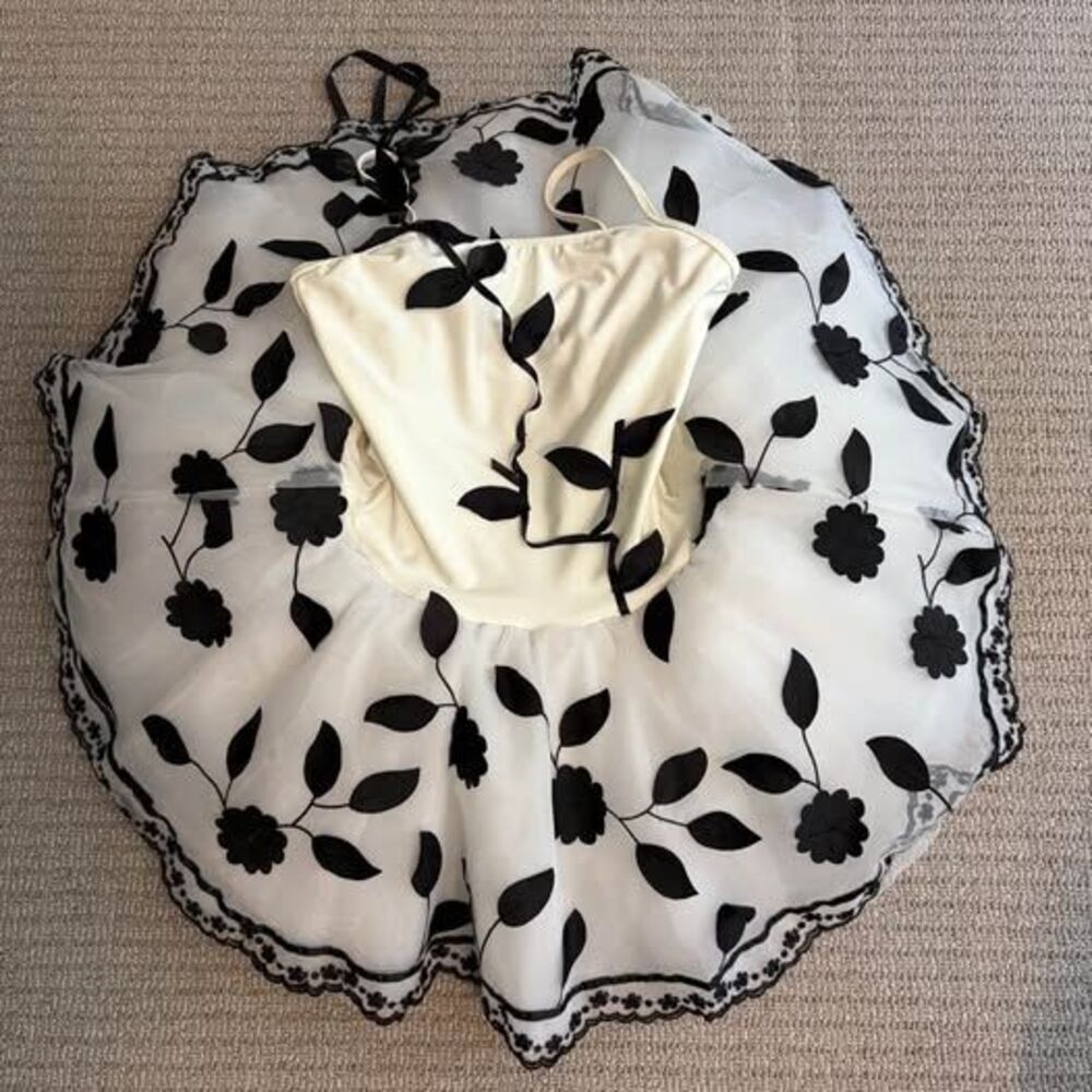 White Ballet Tutu with Black Floral Embroidery